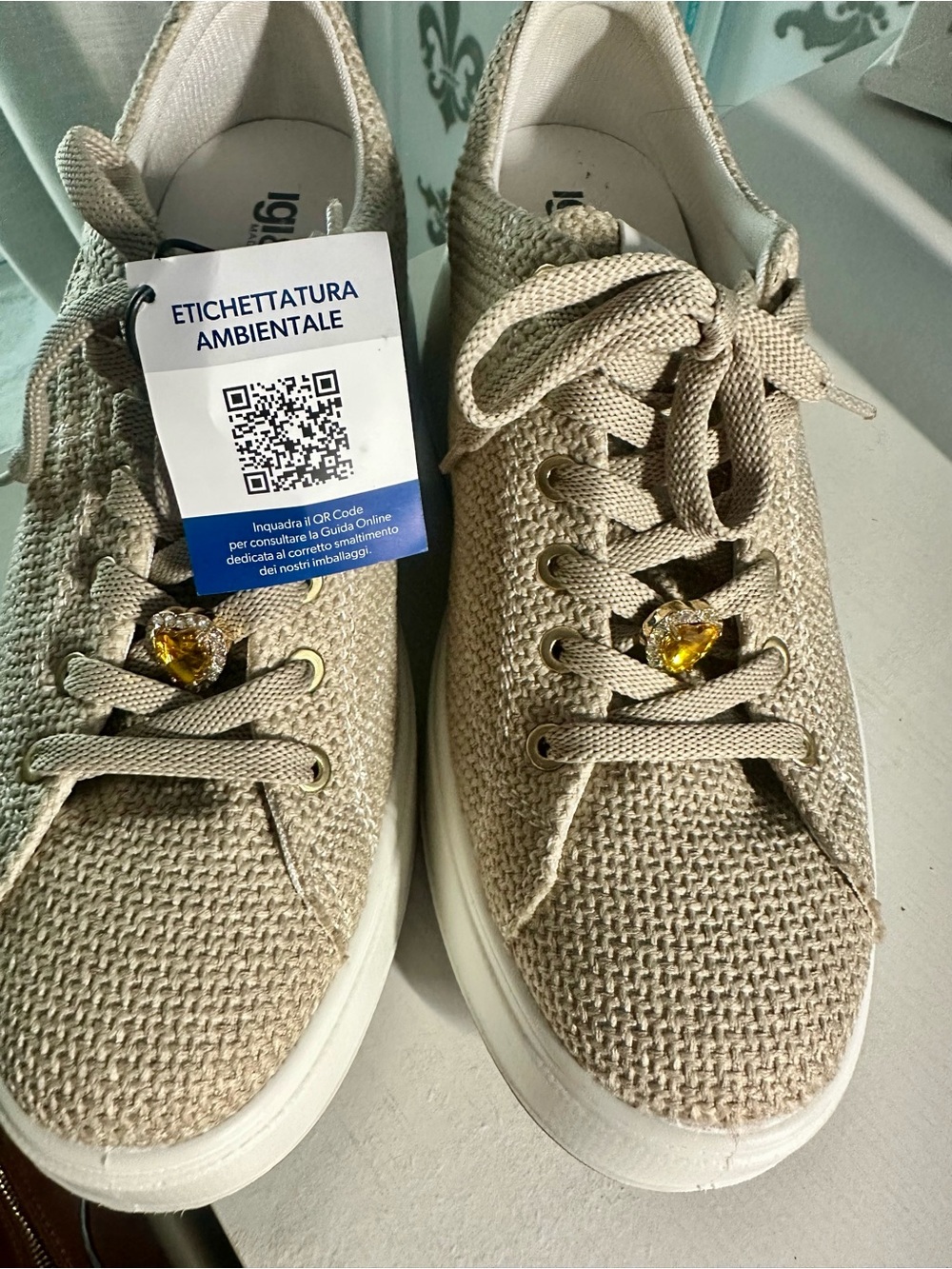 Beige Knit Lace-Up Women's Sneakers with Yellow Crystal Accent